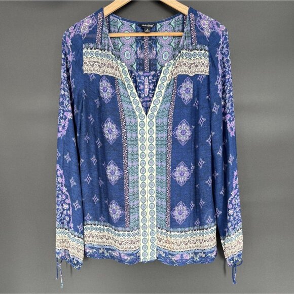 Lucky Brand Women's Bohemian Blouse S Blue Boho Feminine Hippie Semi-Sheer - Picture 1 of 8
